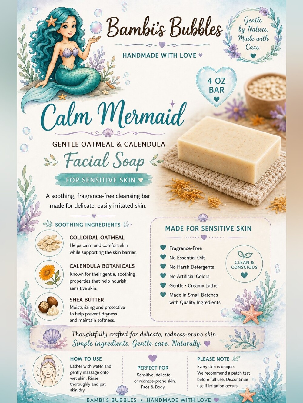 New! As Requested Calm Mermaid Facial Soap - Gentle Oatmeal & Calendula 4oz Bar
